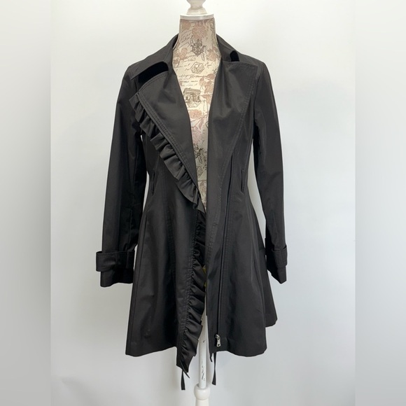 JESSICA SIMPSON Elegant Black Ruffle Trim trench Coat size S - Picture 6 of 13